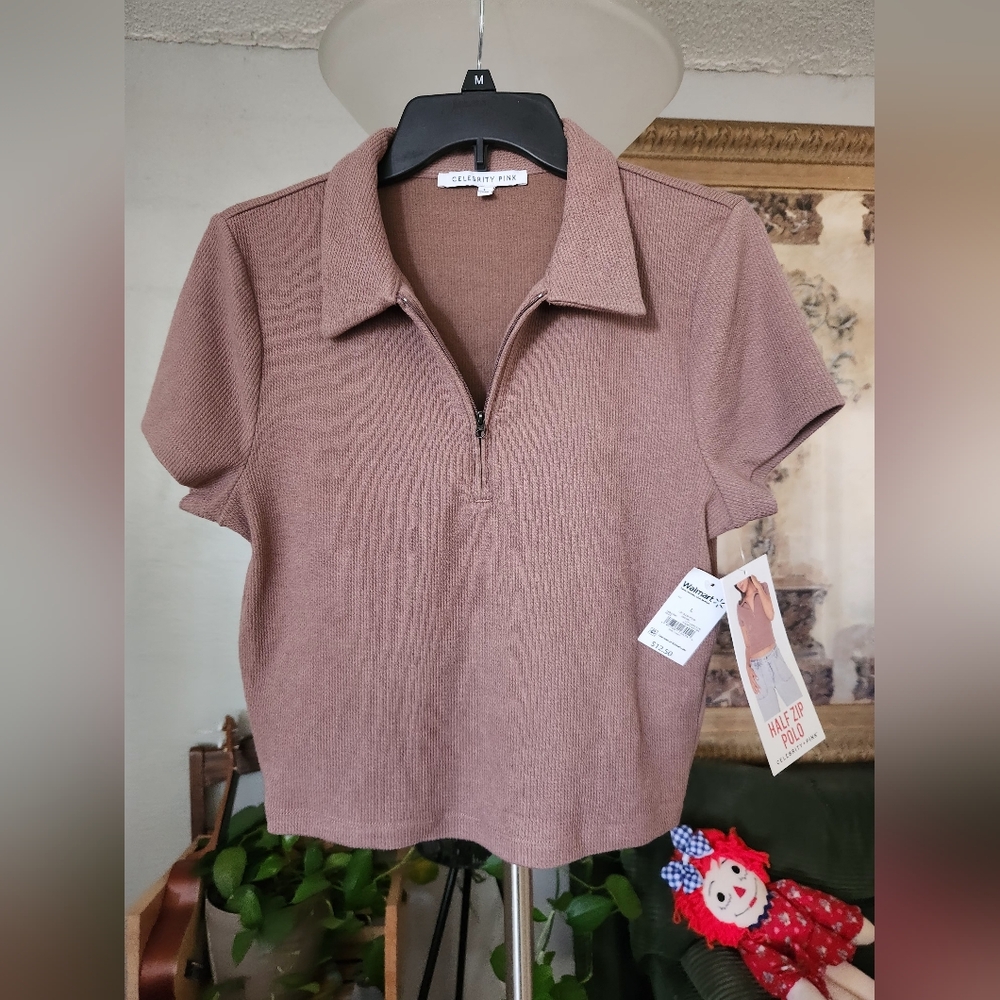 Celebrity Pink Juniors Short Sleeve Rib Knit Polo L JUNIORS